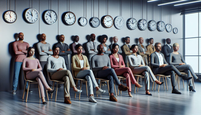 A diverse group waiting at an office with permit applications and clocks displaying various times.
