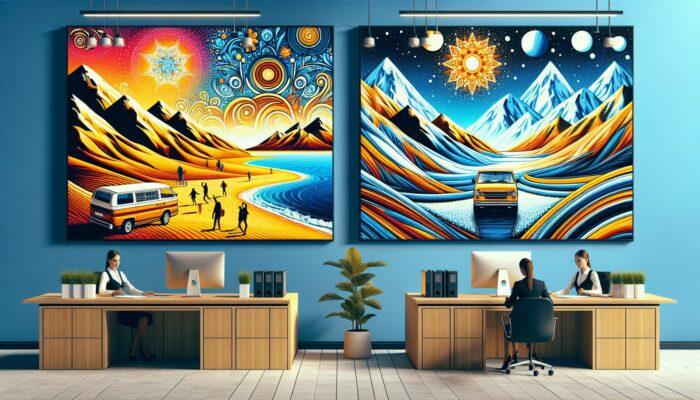 A car rental office with colourful posters showcasing summer beach and winter mountain scenes, promoting seasonal discounts.