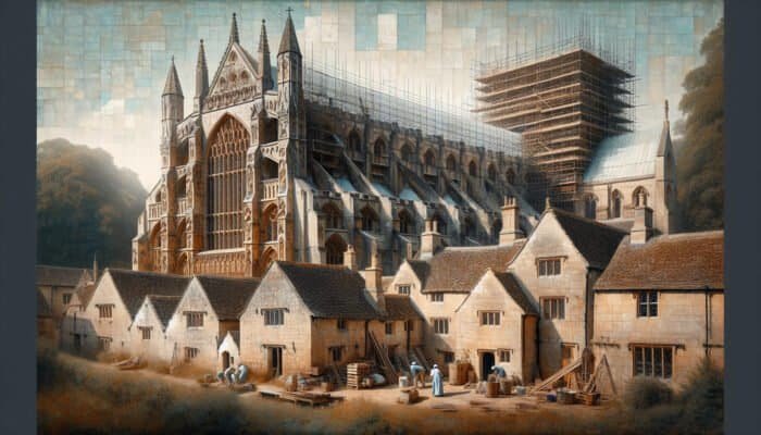 Detailed view of Westminster Abbey and Cotswold cottages, showcasing textured limestone facades and skilled restorers at work.