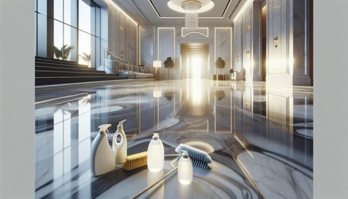 Luxurious marble floor in a Cottenham Park home, gleaming, with cleaning tools, highlighting the importance of maintenance.