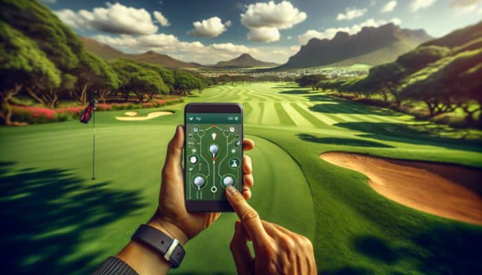 Golfer using the Golfshot app on a smartphone for precise distance measurement on a South African golf course.