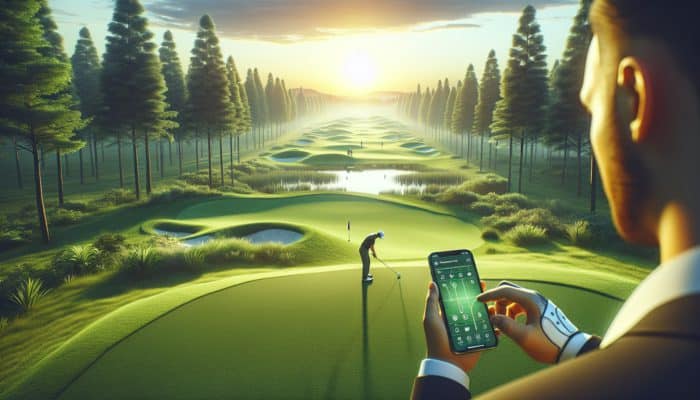 Golfer using a smartphone app on a serene sunset golf course to analyse swing data.