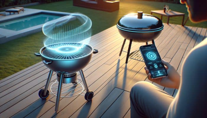 High-tech BBQ data tracker on grill, smartphone app showing temperature and humidity, user relaxing in patio chair.