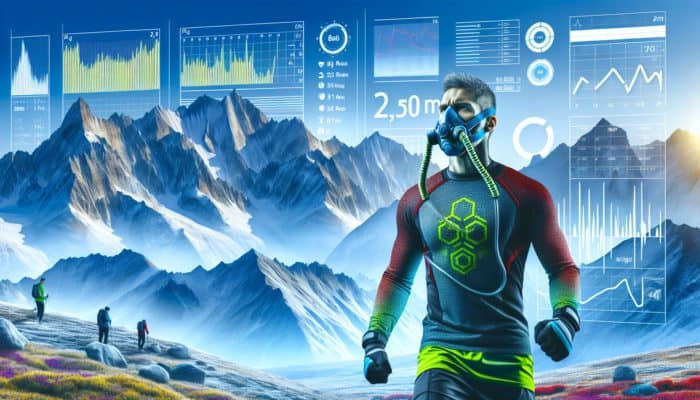 Supplements for High-Altitude Training: Athlete at 2,500 meters with oxygen mask, training amidst snowy mountains for peak performance.