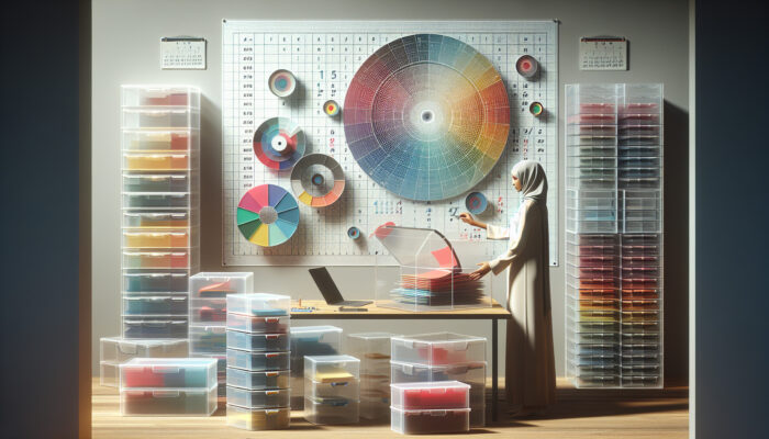 A person organizing colourful files at a minimalist workspace with labelled storage boxes and a detailed calendar.