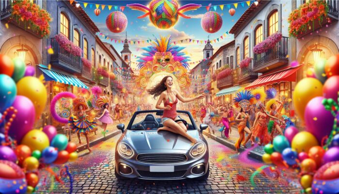 A person driving a convertible through a Brazilian festival, with a French village in the background, symbolising last-minute car rental freedom.