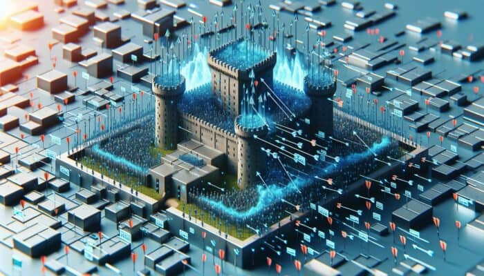 A fortress under siege by arrows, symbolising a DDoS attack overwhelming a server.