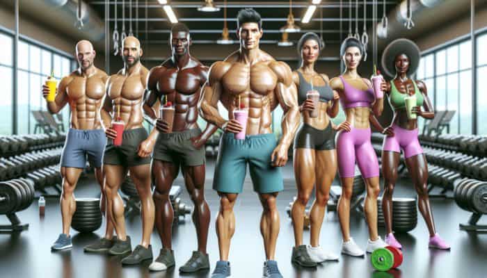 Supplements in Gym Culture: A diverse group of fitness enthusiasts in a gym with protein shakes, showcasing muscle definition and vitality.