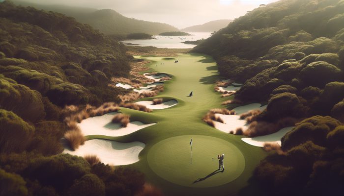 A golfer at Mtunzini Country Club navigating an undulating fairway, aiming at a small green amidst bunkers and dense bush under coastal winds.