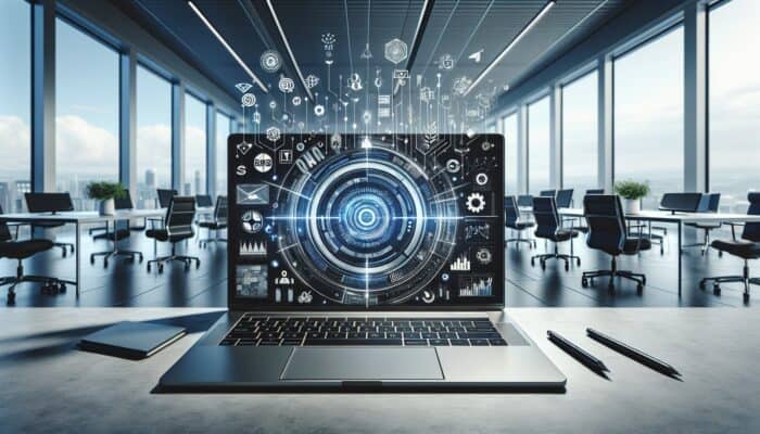 A laptop displaying a customized email with tech and marketing icons, set in a modern office.