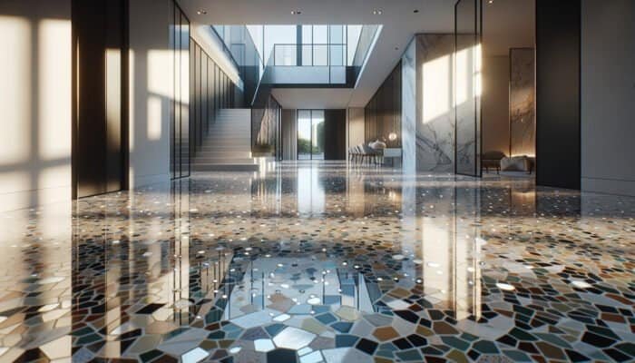 Polished terrazzo floor in a modern UK home featuring marble, quartz, and glass chips arranged in a geometric pattern.