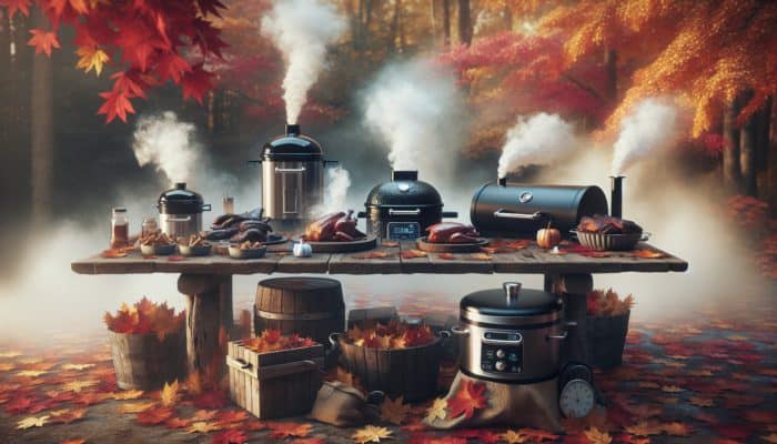 Different types of smokers for smoking turkey on a rustic table with autumn leaves.