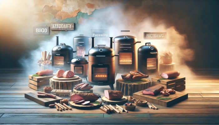 Budget-friendly smokers displayed on a rustic table with meats and smoking woods, warmly lit.