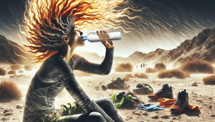 Individual consuming water in a dry environment, amidst sports equipment, showcasing vibrant and healthy hair.