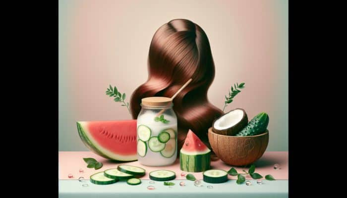 A visually appealing arrangement of watermelon, cucumber, and coconut water surrounding healthy hair on a pastel backdrop.