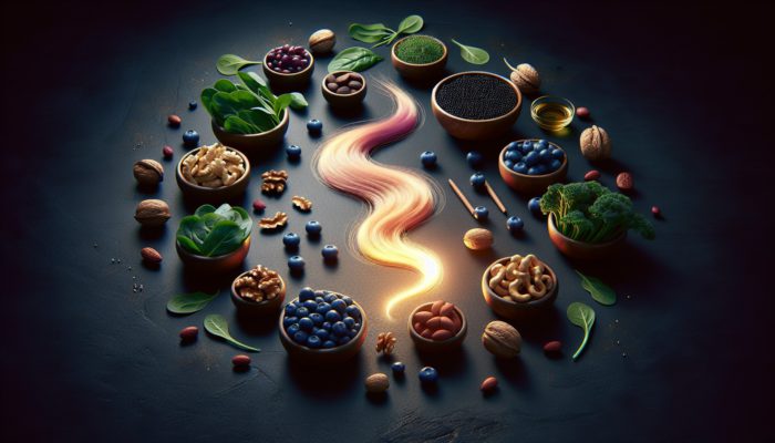 A still life featuring blueberries, nuts, and leafy greens like spinach and kale surrounding a glowing hair strand, symbolising hair vitality.