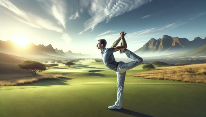 How to Improve Golf Swing Extension: Golfer practicing yoga on a lush South African fairway, improving swing flexibility amidst diverse terrains.