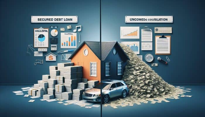 Image showing secured loans with house and car collateral on left, unsecured loans with documents and money on right.