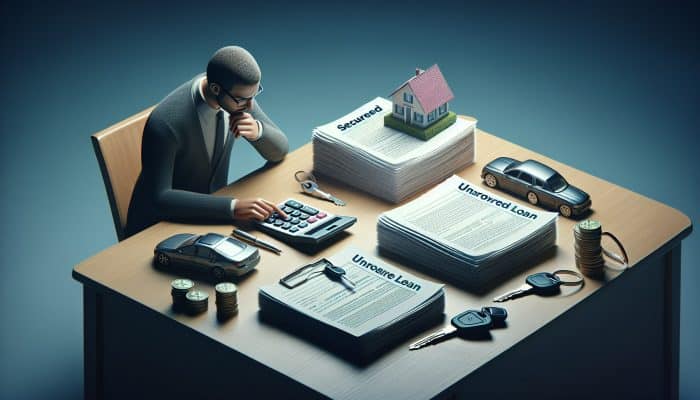 Person comparing secured and unsecured loan documents with house and car as collateral symbols and calculator.