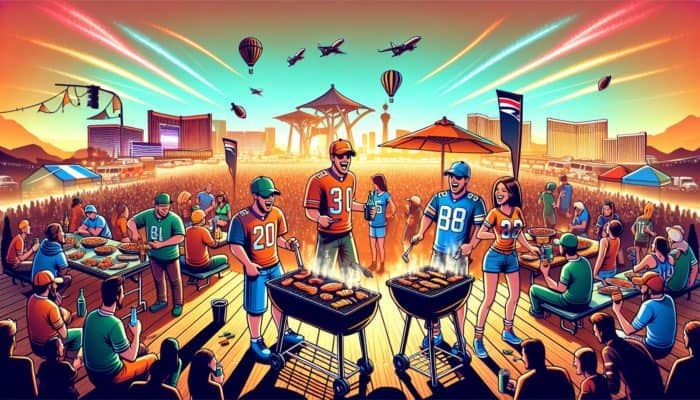 Best Las Vegas Events for Sports Fans: Enthusiastic fans in team colours at a vibrant tailgate party grilling delicious snacks, with Las Vegas magnifying the Super Bowl pregame excitement.