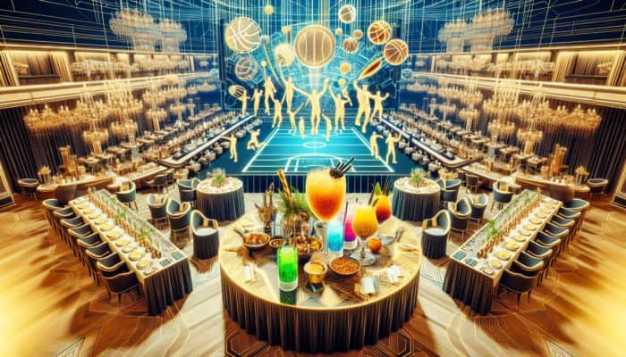 A luxurious Super Bowl viewing party at a high-end hotel with gourmet dining, an open bar, and celebrity entertainment.