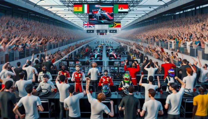 Grand Prix fan zone featuring racing simulators, fans in gear, and meet-and-greets with F1 legends.