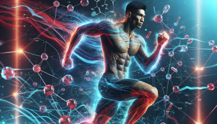 Muscular athlete mid-workout with glowing red and blue streams and nutrient molecules surrounding.