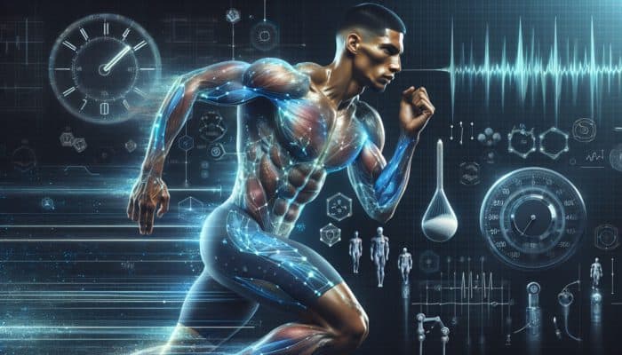 Athlete sprinting with glowing blue muscle fibres, symbolising beta-alanine's endurance enhancement, against stopwatch and weights.