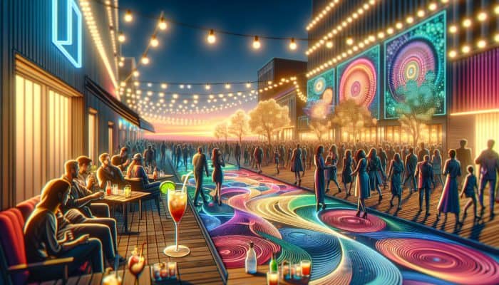A bustling LINQ Promenade at dusk filled with crowds, cocktails, performers, and colourful installations.