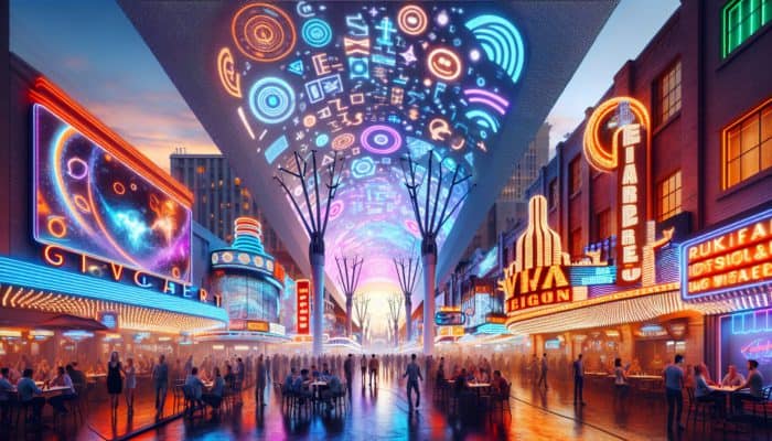 Fremont Street at dusk featuring neon lights, the Viva Vision screen, and people enjoying drinks at outdoor bars.
