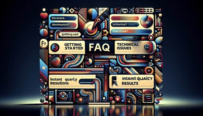 A user-friendly FAQ page displayed on a computer screen with sections like "Getting Started," "Technical Issues," and "Billing Questions," along with a search bar.