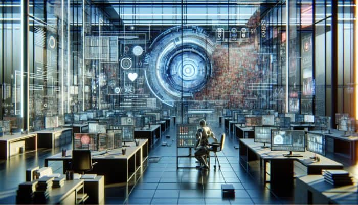 AI in a futuristic lab analysing SERP data, revealing biases in graphs and struggling with human emotions and cultural contexts.