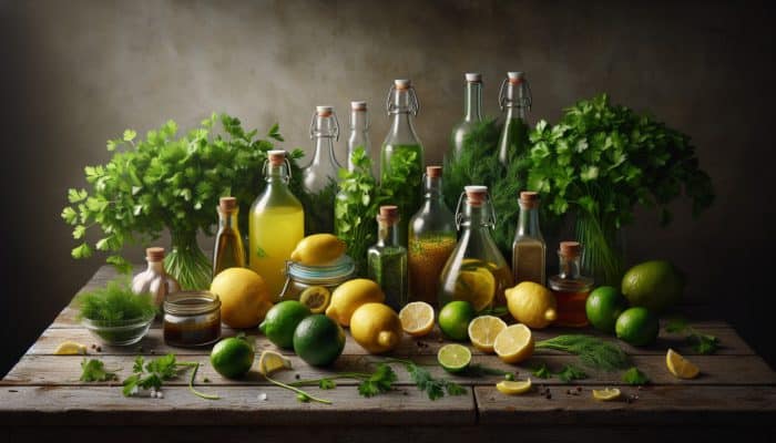 A vibrant assortment of low-sodium ingredients on a rustic table: lemons, limes, vinegars, and fresh herbs.