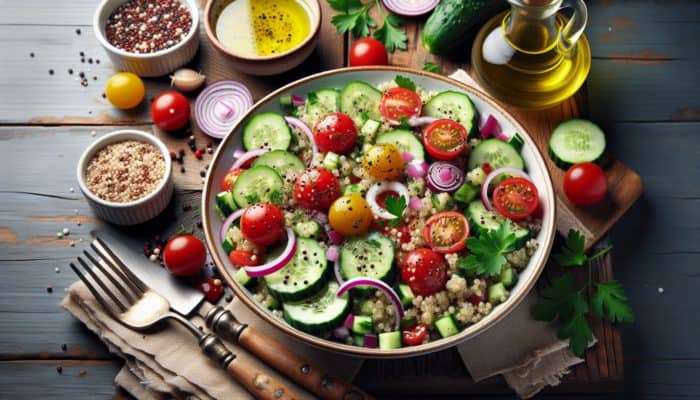 Mediterranean quinoa salad featuring tomatoes, cucumber, onion, parsley, lemon dressing on a rustic wooden table.