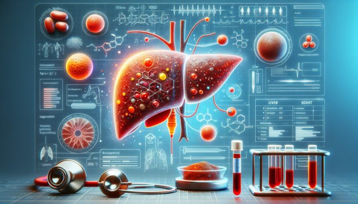 Illustration of a liver blood test with highlighted enzymes and proteins, clinical background with diagnostic tools.