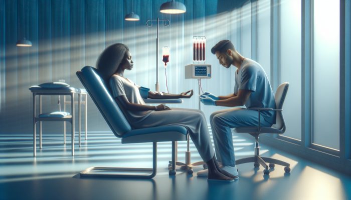 A person calmly sitting in a serene medical setting as a phlebotomist prepares to draw blood, surrounded by calming blue tones and soft lighting.
