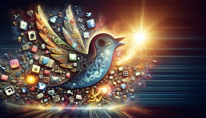 A vibrant collage of social media icons and illuminated '#' symbols signifying hashtag trends.