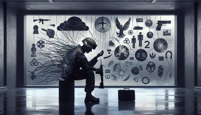 Mental Health for Veterans: A veteran alone in a dark room, surrounded by symbols of PTSD, depression, and anxiety.