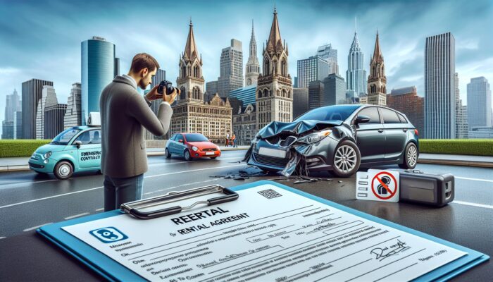 Individual documenting rental car damage with agreement and emergency contacts in an international city.