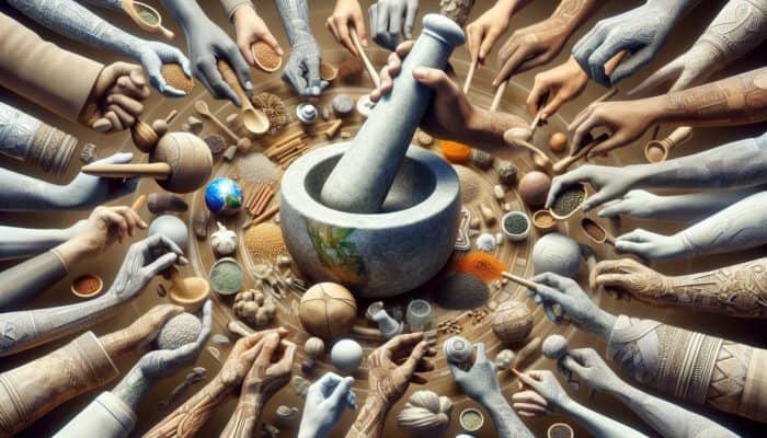 Hands from various cultures using a mortar and pestle for grinding, symbolizing its global culinary and medicinal significance.