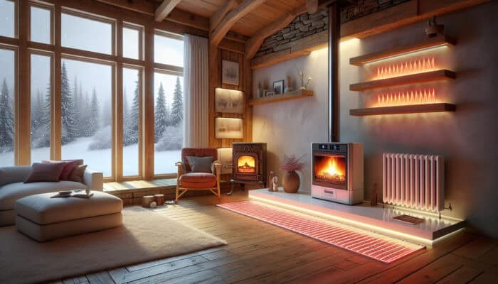 A cosy Canadian living room showcasing various heating systems including an electric fireplace, wood stove, and radiant floor panel, with snow falling outside.