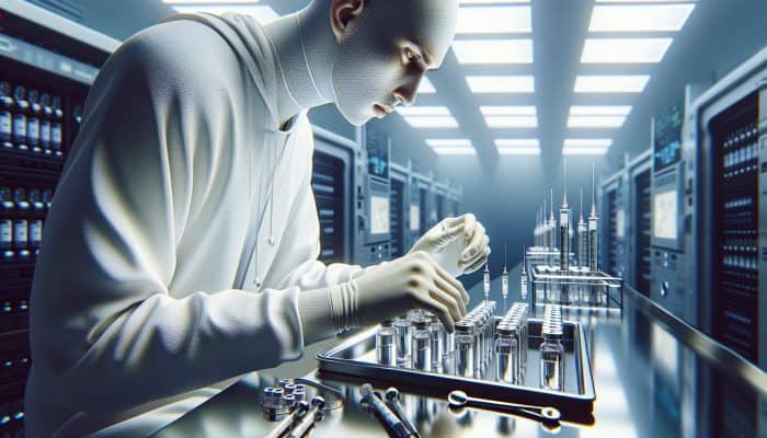 A person in a lab coat organizing vials and syringes on a tray in a medical lab, preparing for a blood test.