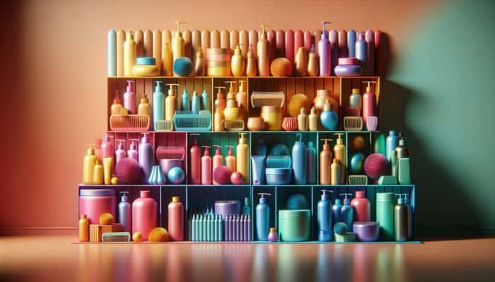 Diverse affordable hair care products on a colorful shelf, with price tags and ingredient lists visible.