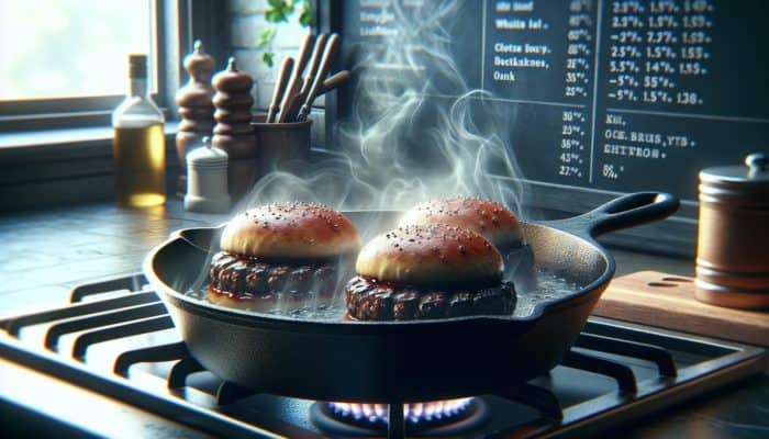 How to Grill Burgers Without a Grill: A 12-inch cast iron skillet searing burgers on the stovetop, surrounded by steam in a warm kitchen.