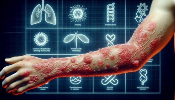 Natural Remedies for Eczema with Herbs: Close-up of arm with dry, red, inflamed eczema patches, oozing and crusty, with pollen and stress symbols.