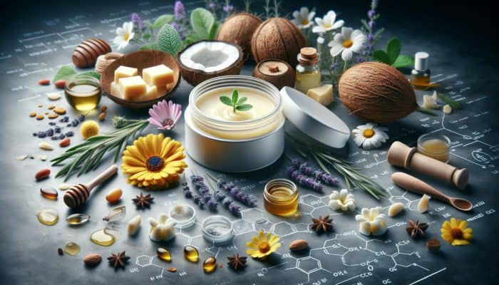 A jar of herbal balm with ingredients like beeswax and shea butter, glowing softly, ideal for healing cracked skin.