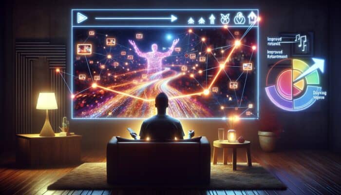 A viewer engaged with a playlist on a screen, with graphs indicating increased retention, in a comfortable room.