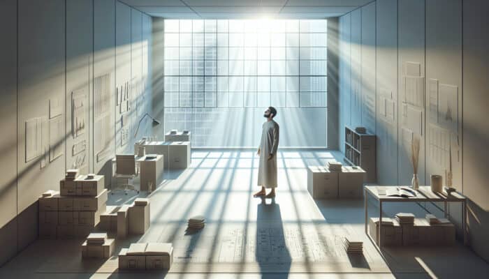 A serene minimalist room with sunlight, symbolizing mental clarity and relief; a smiling person amidst organized spaces, feeling accomplished and at peace.