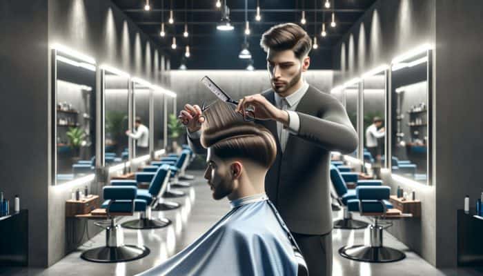 A barber expertly cutting long layers in a man's hair in a modern shop with mirrors and focused lighting.