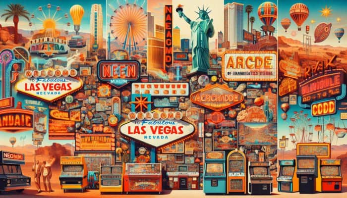 Discover Hidden Gems in Las Vegas: A collage showcasing Las Vegas's hidden gems: Neon Museum's glowing signs and vintage pinball machines at the Pinball Hall of Fame.